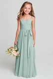 Matcha Spaghetti Straps Chiffon Ruched A-Line Long Junior Bridesmaid Dress