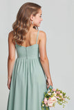 Matcha Spaghetti Straps Chiffon Ruched A-Line Long Junior Bridesmaid Dress