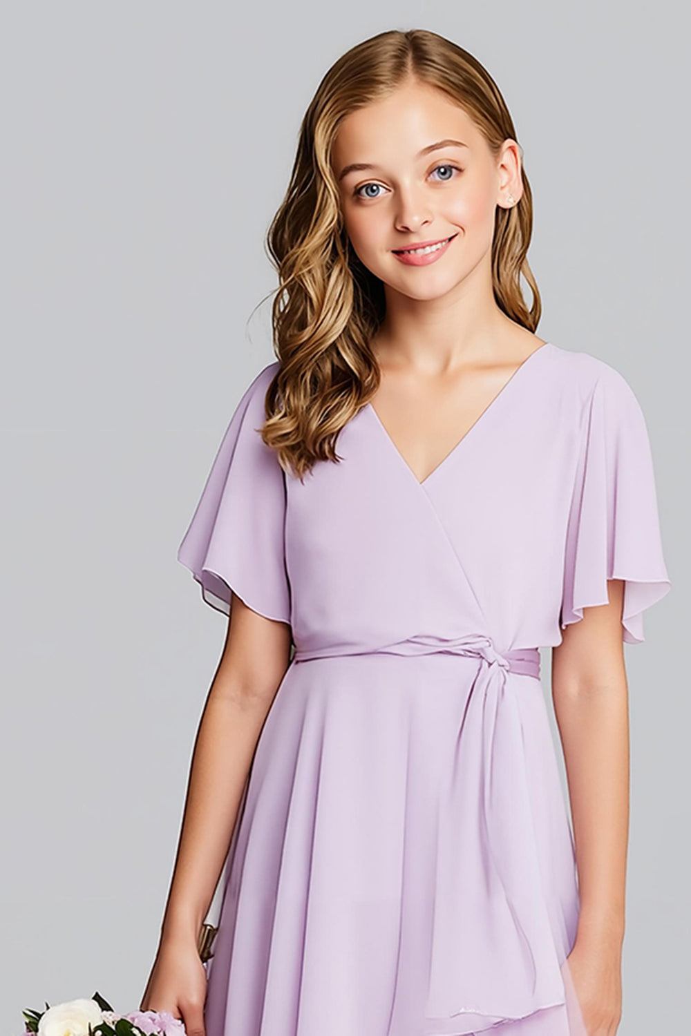 Purple V-Neck Chiffon A-Line Midi Junior Bridesmaid Dress with Short Sleeves