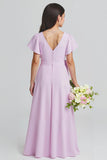 Purple V-Neck A-Line Chiffon Short Sleeves Long Junior Bridesmaid Dress