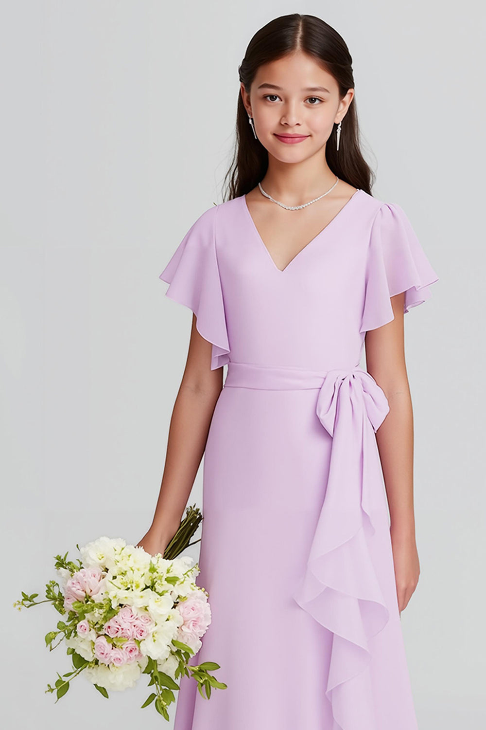 Purple V-Neck A-Line Chiffon Short Sleeves Long Junior Bridesmaid Dress