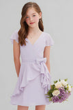 Purple Chiffon V-Neck A-Line Short Junior Bridesmaid Dress with Ruffles