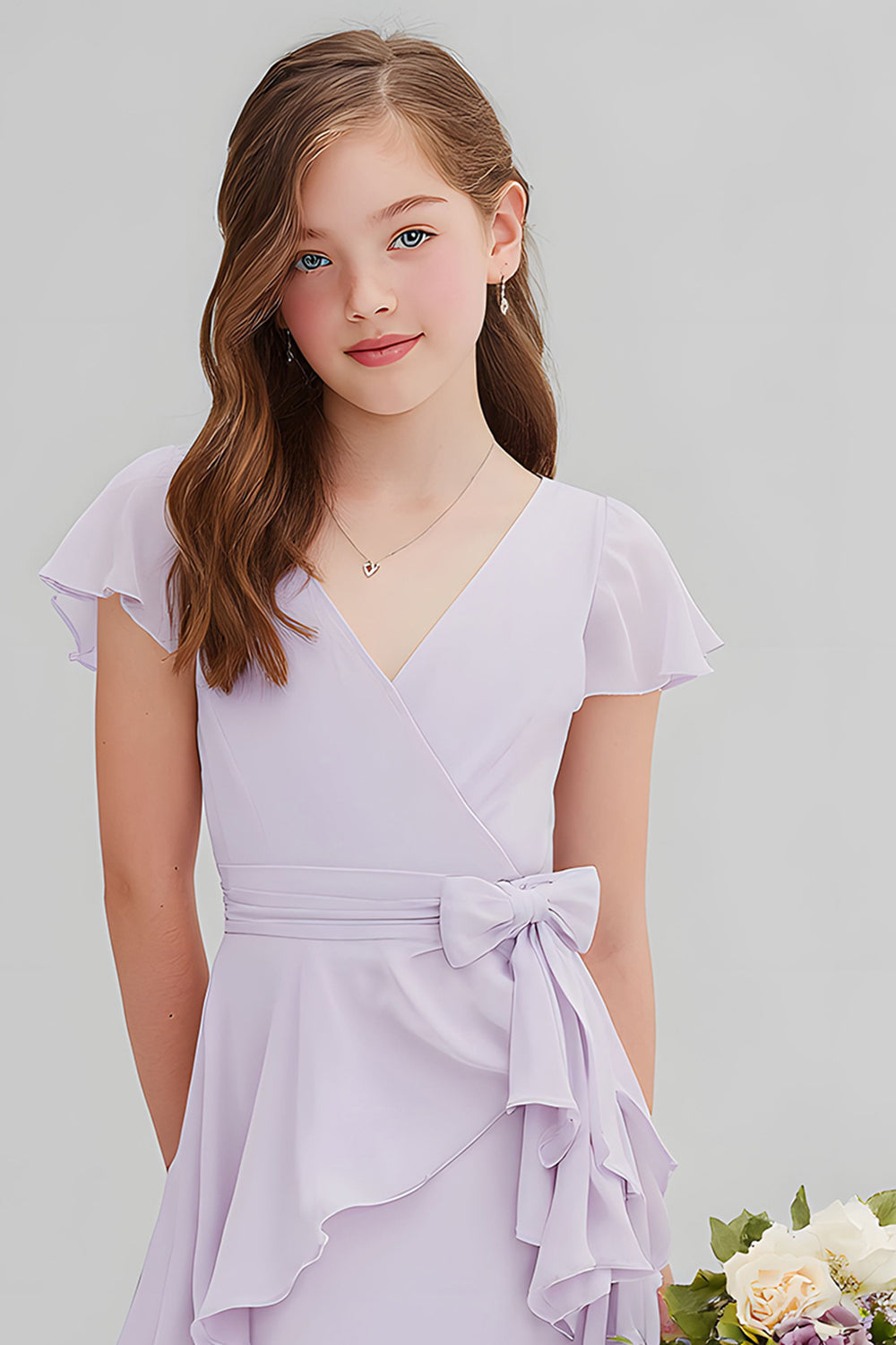 Purple Chiffon V-Neck A-Line Short Junior Bridesmaid Dress with Ruffles