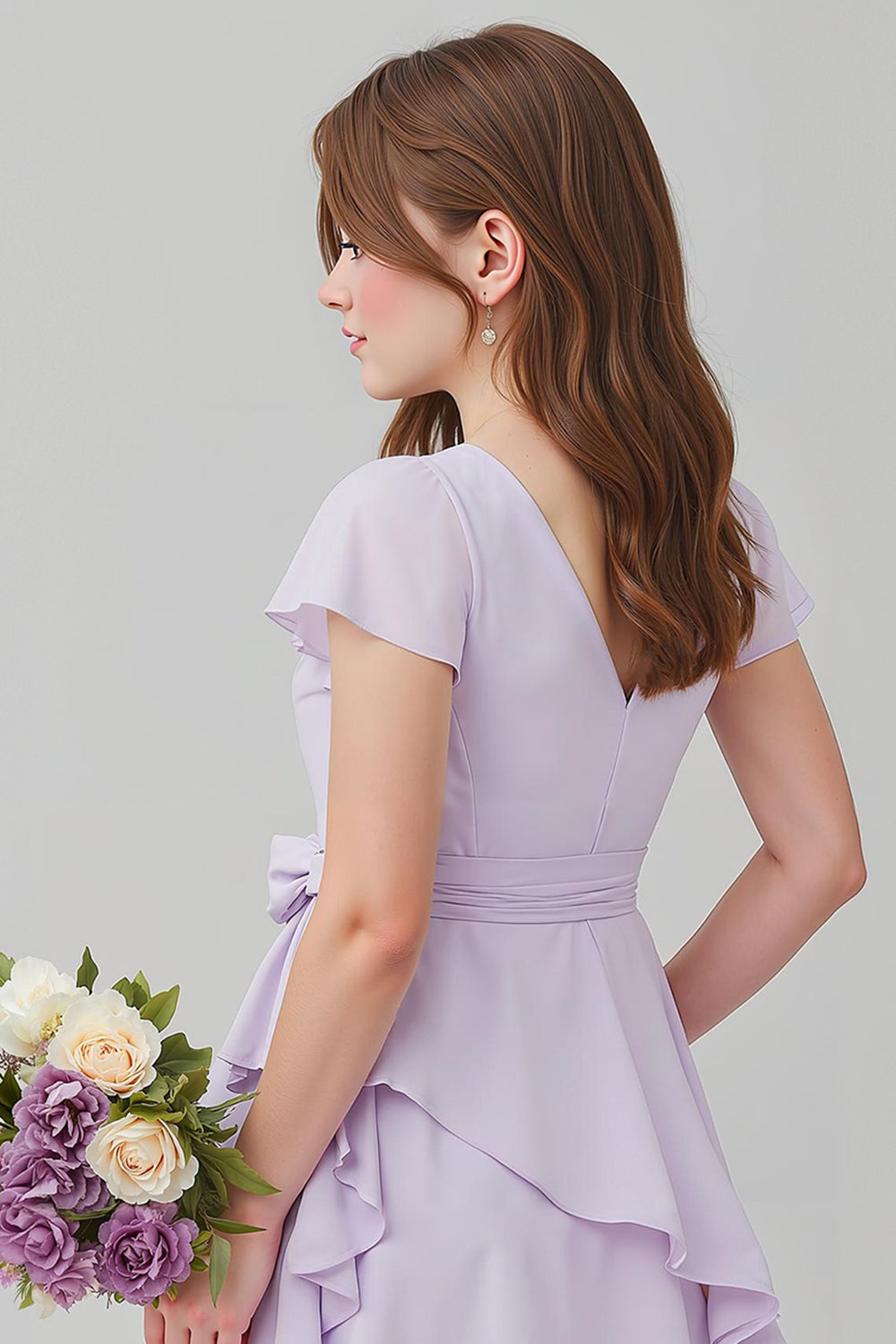 Purple Chiffon V-Neck A-Line Short Junior Bridesmaid Dress with Ruffles