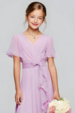 Purple Chiffon V-Neck A-Line Long Junior Bridesmaid Dress with Short Sleeves