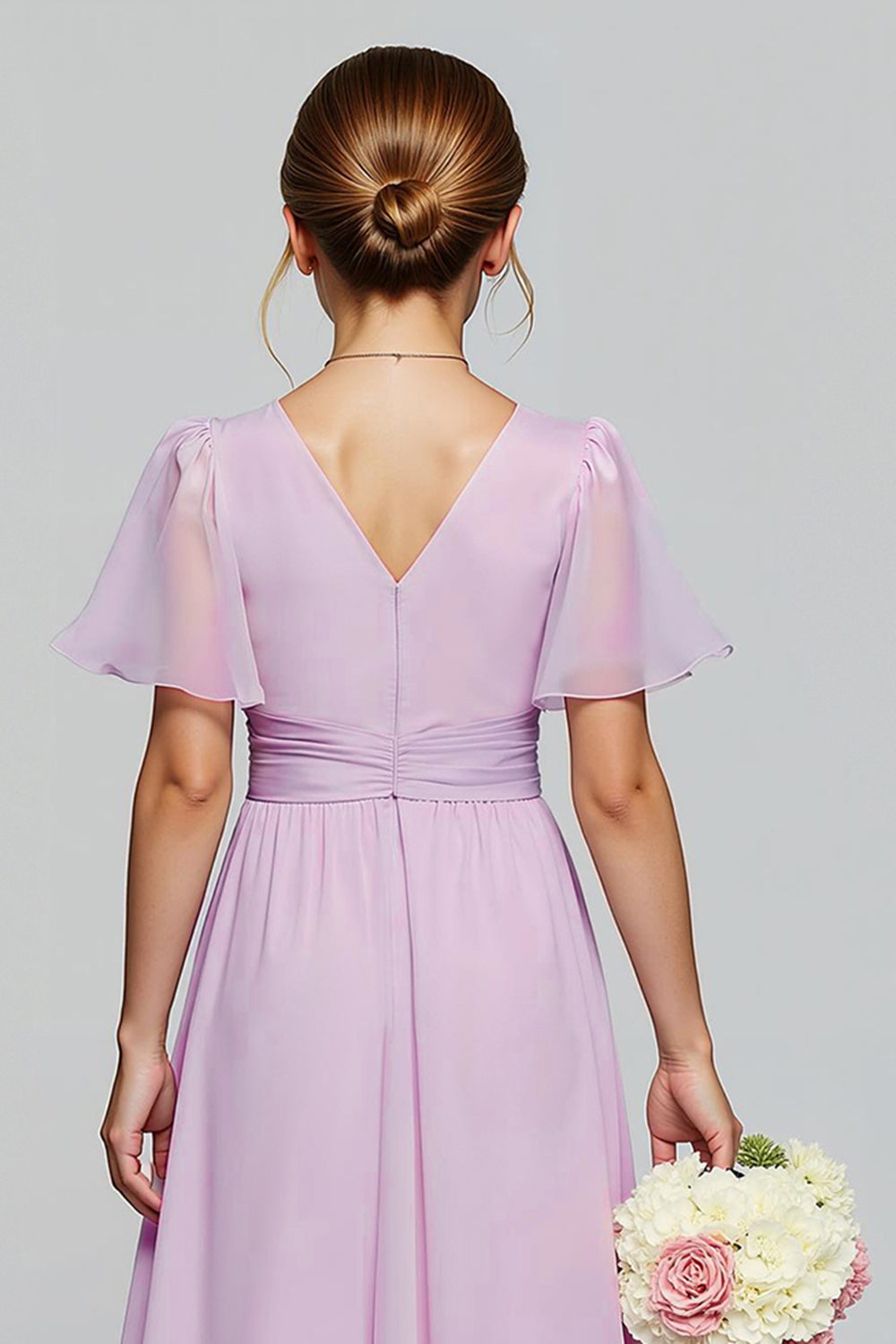 Purple Chiffon V-Neck A-Line Long Junior Bridesmaid Dress with Short Sleeves