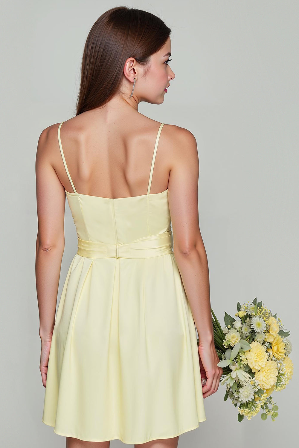 Light Yellow Spaghetti Straps A-Line Satin Short Junior Bridesmaid Dress
