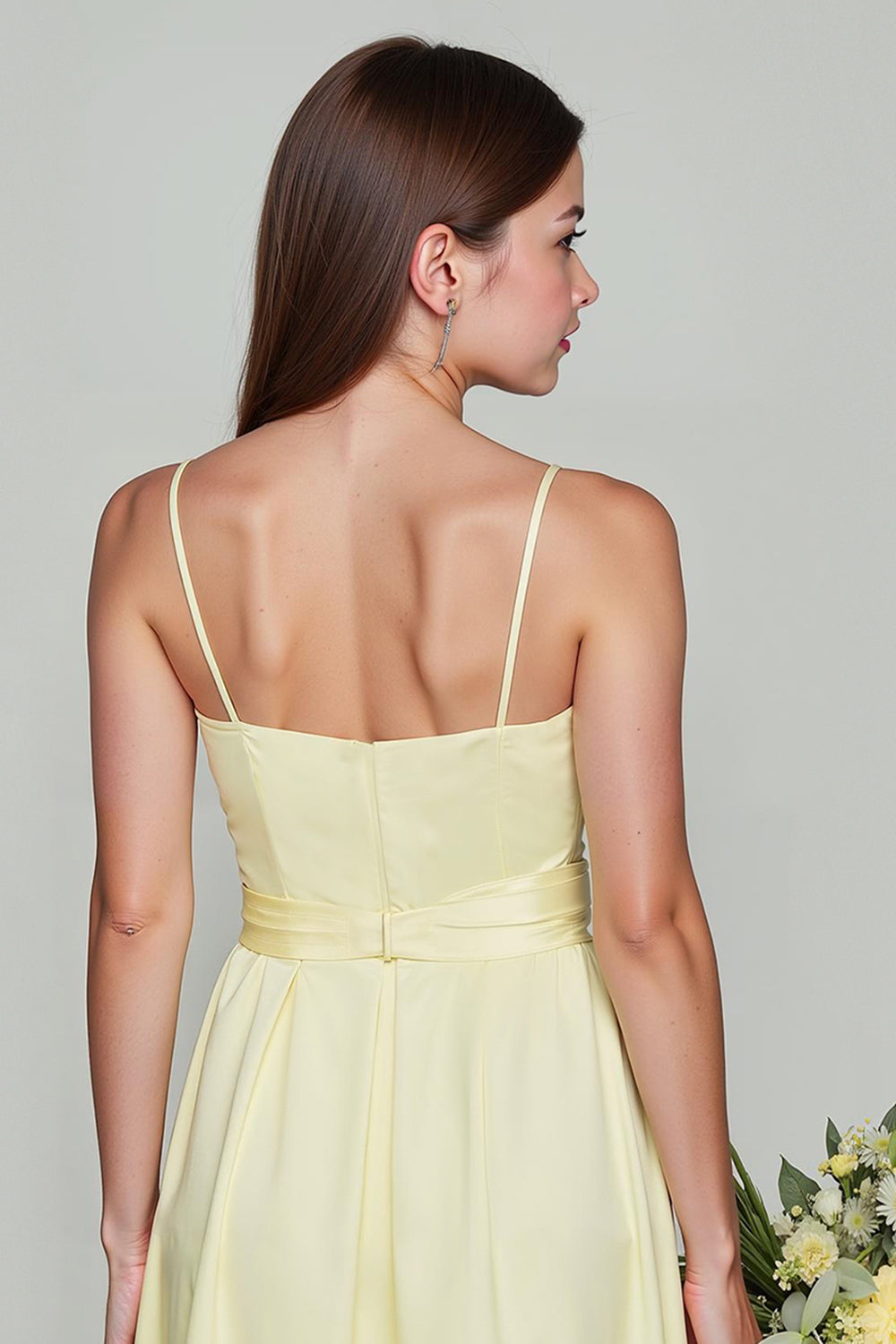 Light Yellow Spaghetti Straps A-Line Satin Short Junior Bridesmaid Dress