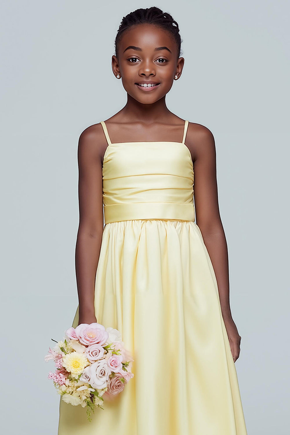 Daffodil A Line Satin Ruched Long Junior Bridesmaid Dress