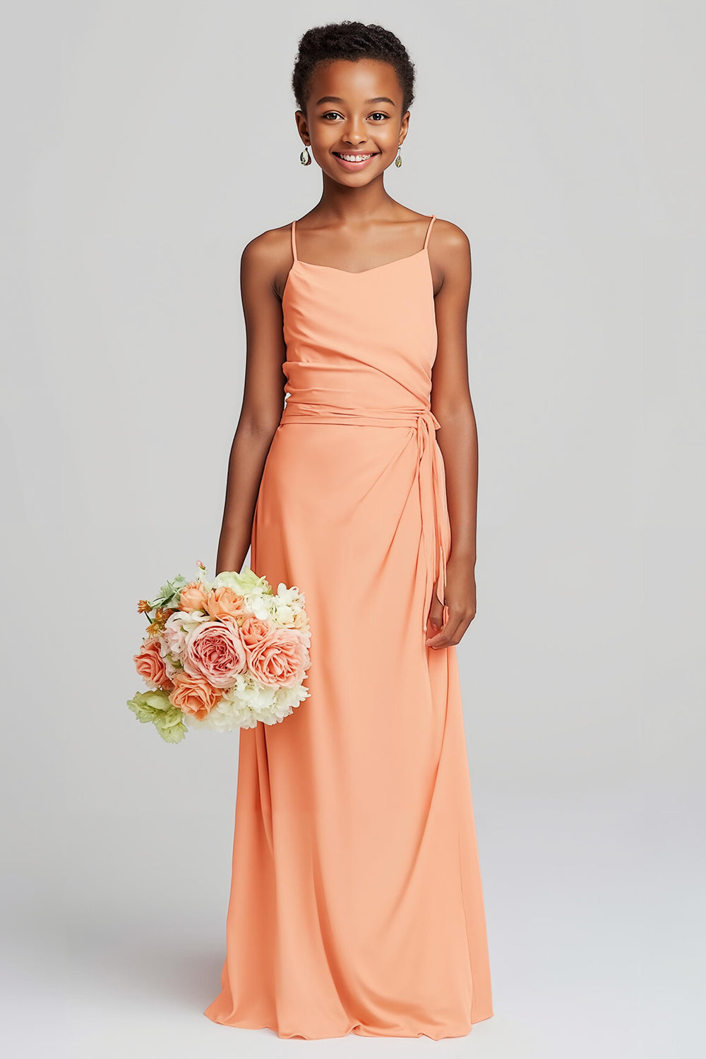 Sunset Sheath Chiffon Spaghetti Straps Long Junior Bridesmaid Dress