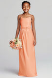 Sunset Satin Spaghetti Straps Backless Long Junior Bridesmaid Dress