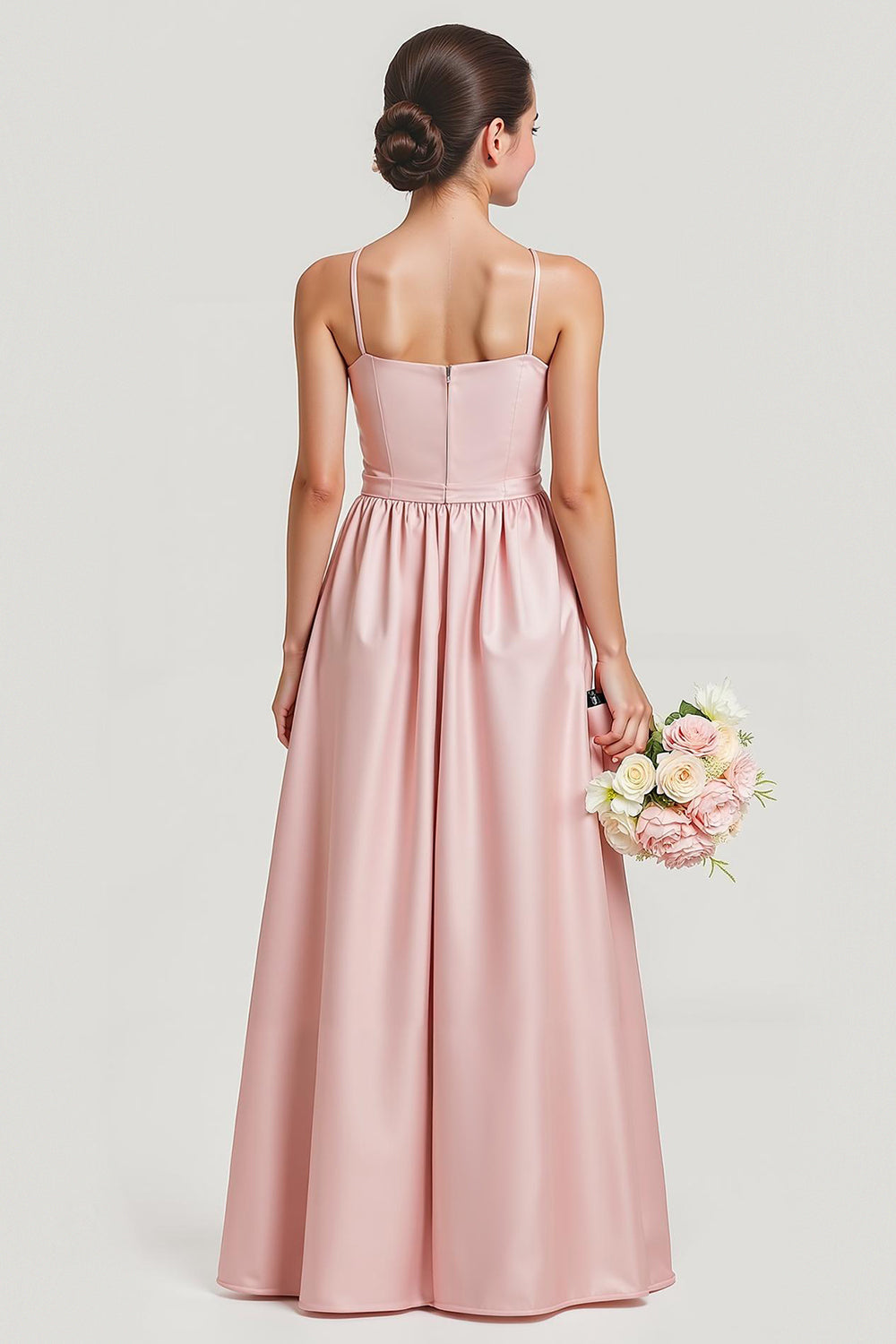 Simple Blush A Line Satin Spaghetti Straps Long Junior Bridesmaid Dress