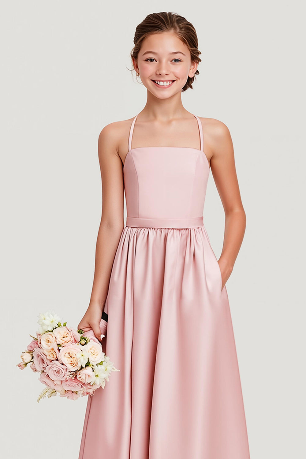 Simple Blush A Line Satin Spaghetti Straps Long Junior Bridesmaid Dress