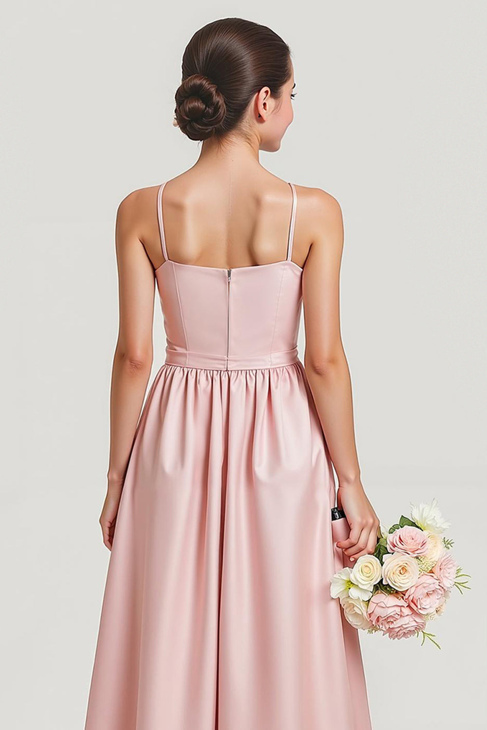 Simple Blush A Line Satin Spaghetti Straps Long Junior Bridesmaid Dress