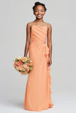 Sunset Sheath Chiffon Ruched Long Junior Bridesmaid Dress with Ruffles