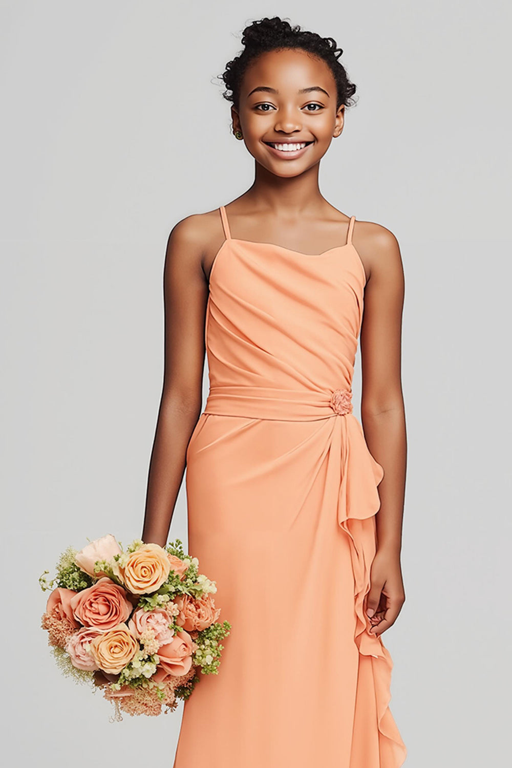 Sunset Sheath Chiffon Ruched Long Junior Bridesmaid Dress with Ruffles