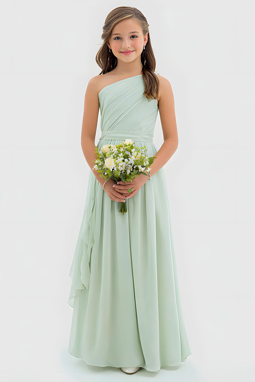 Sage Green One Shoulder A Line Chiffon Long Junior Bridesmaid Dress