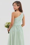 Sage Green One Shoulder A Line Chiffon Long Junior Bridesmaid Dress
