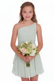 Sage Green A Line Chiffon One Shoulder Short Junior Bridesmaid Dress