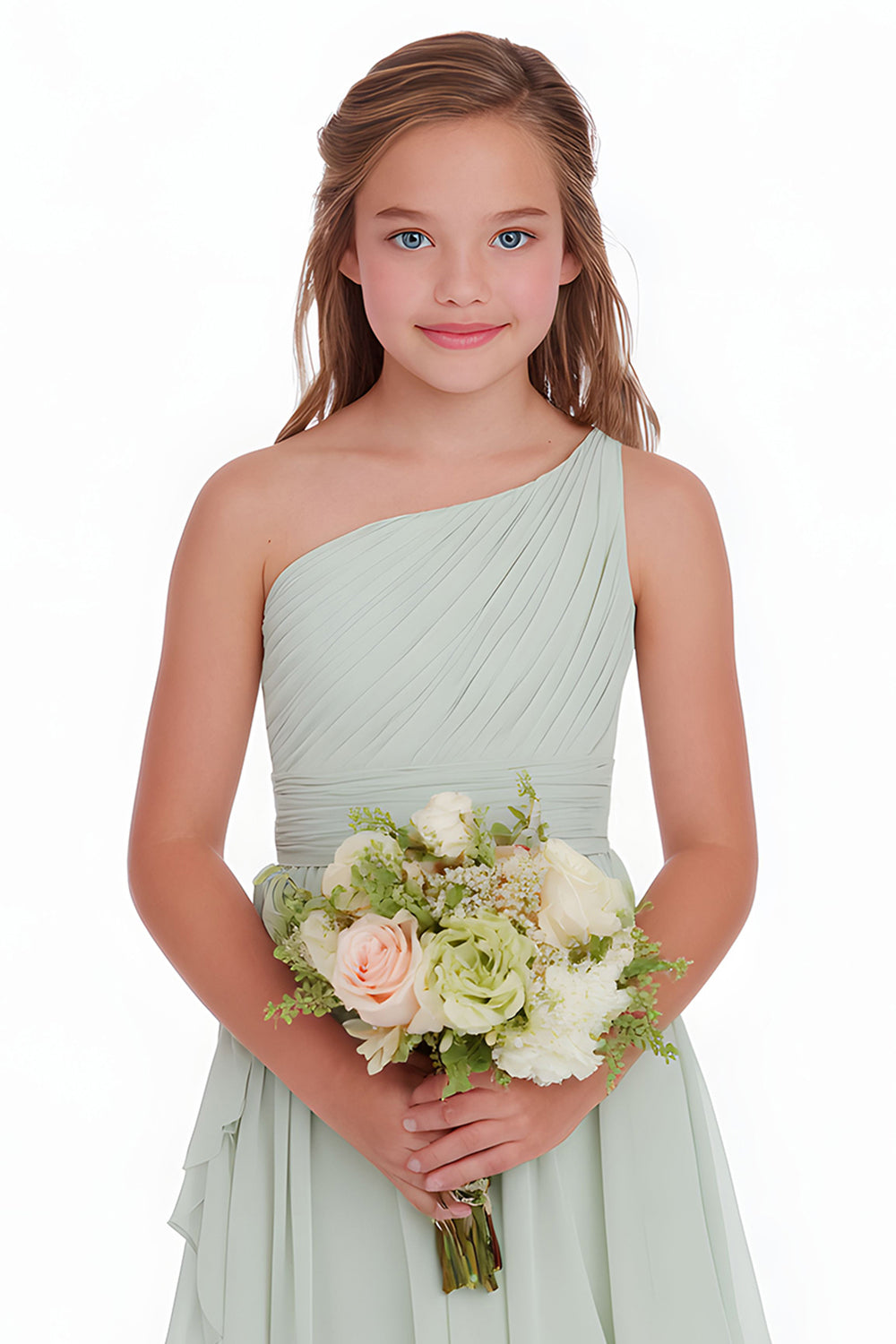 Sage Green A Line Chiffon One Shoulder Short Junior Bridesmaid Dress