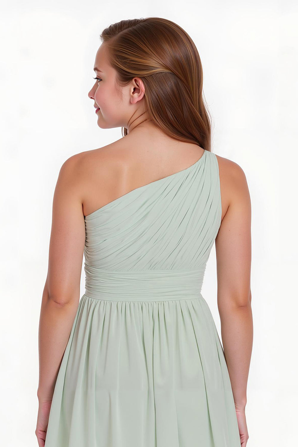 Sage Green A Line Chiffon One Shoulder Short Junior Bridesmaid Dress