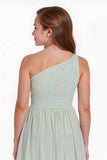 Sage Green A Line Chiffon One Shoulder Short Junior Bridesmaid Dress