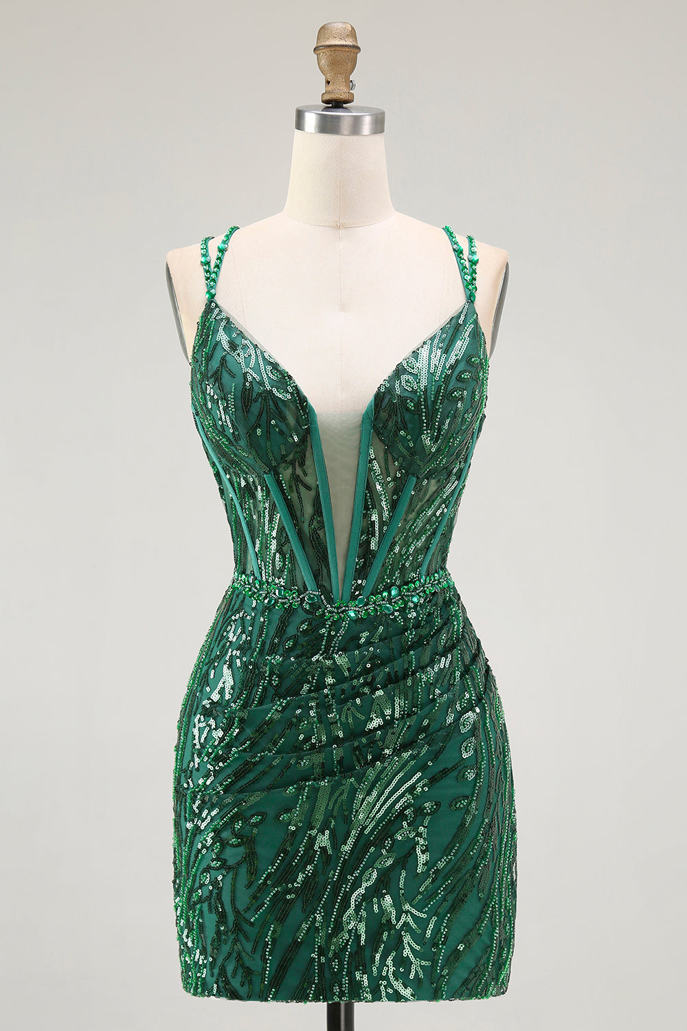 Sparkly Dark Green Bodycon Backless Short Corset Prom Dress with Sequins