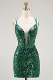 Sparkly Dark Green Bodycon Backless Short Corset Prom Dress with Sequins