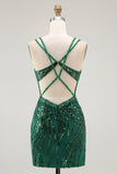 Sparkly Dark Green Bodycon Backless Short Corset Prom Dress with Sequins