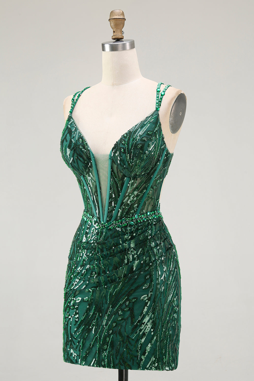 Sparkly Dark Green Bodycon Backless Short Corset Prom Dress with Sequins