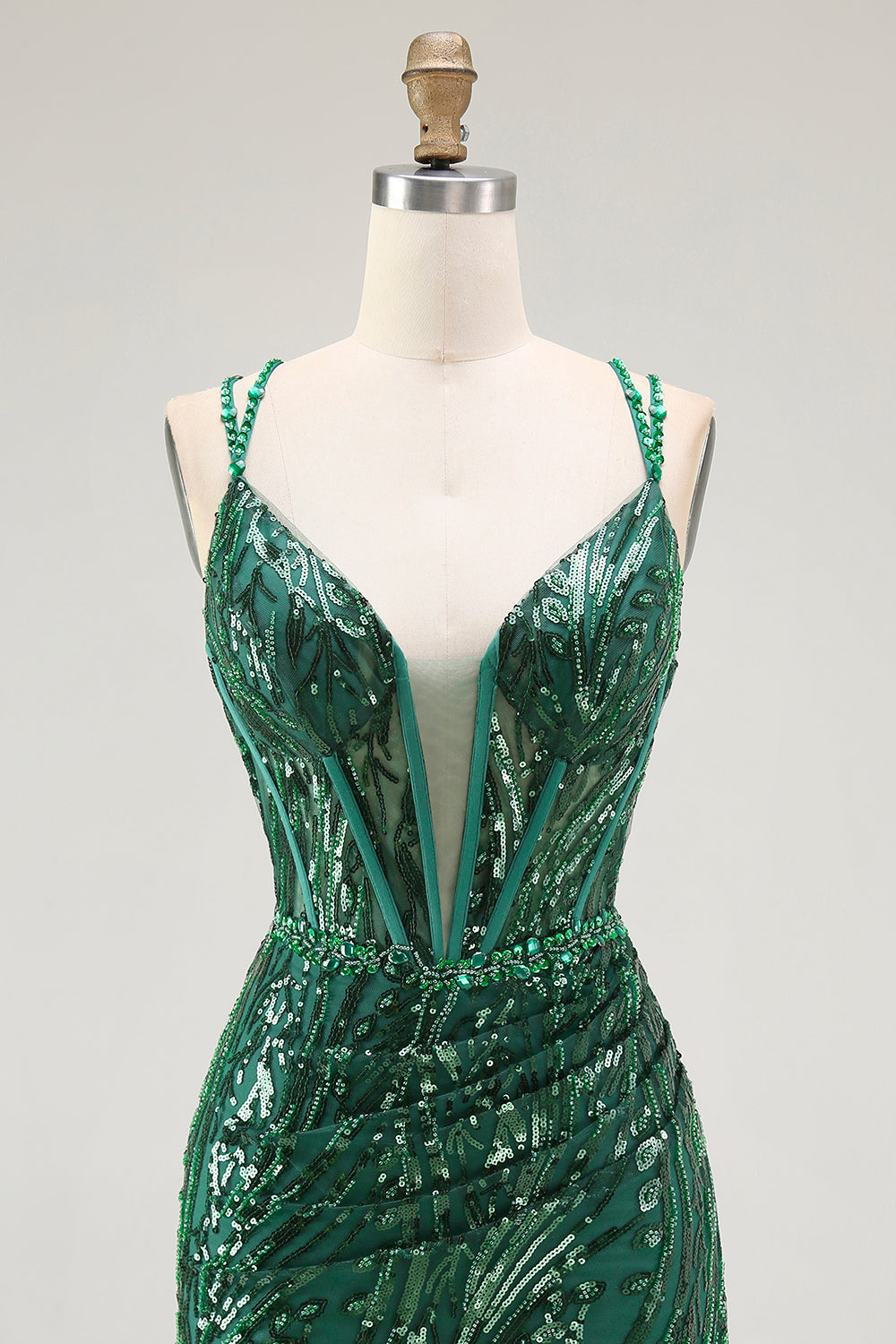 Sparkly Dark Green Bodycon Backless Short Corset Prom Dress with Sequins