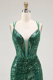 Sparkly Dark Green Bodycon Backless Short Corset Prom Dress with Sequins