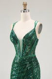 Sparkly Dark Green Bodycon Backless Short Corset Prom Dress with Sequins