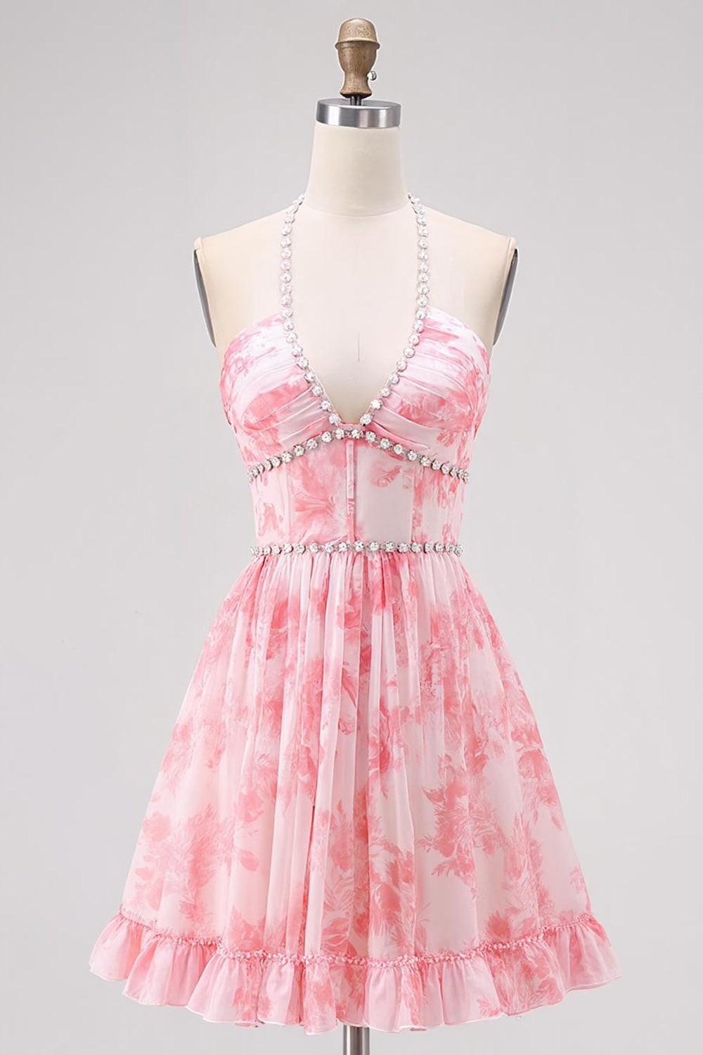 Pink Floral A Line V Neck Halter Corset Cocktail Dress with Lace Up Back