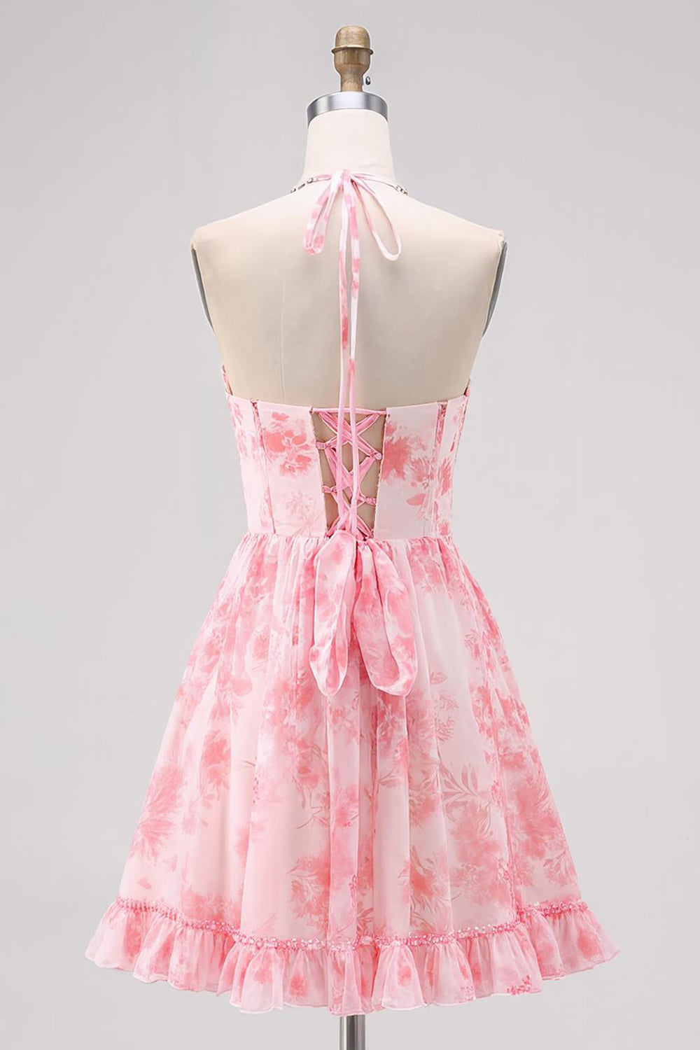 Pink Floral A Line V Neck Halter Corset Cocktail Dress with Lace Up Back