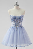 Sparkly Lavender Strapless Beaded A Line Short Prom Dress with Lace Up Back