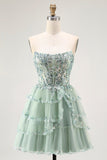 Dusty Sage Strapless Tiered A Line Short Prom Dress