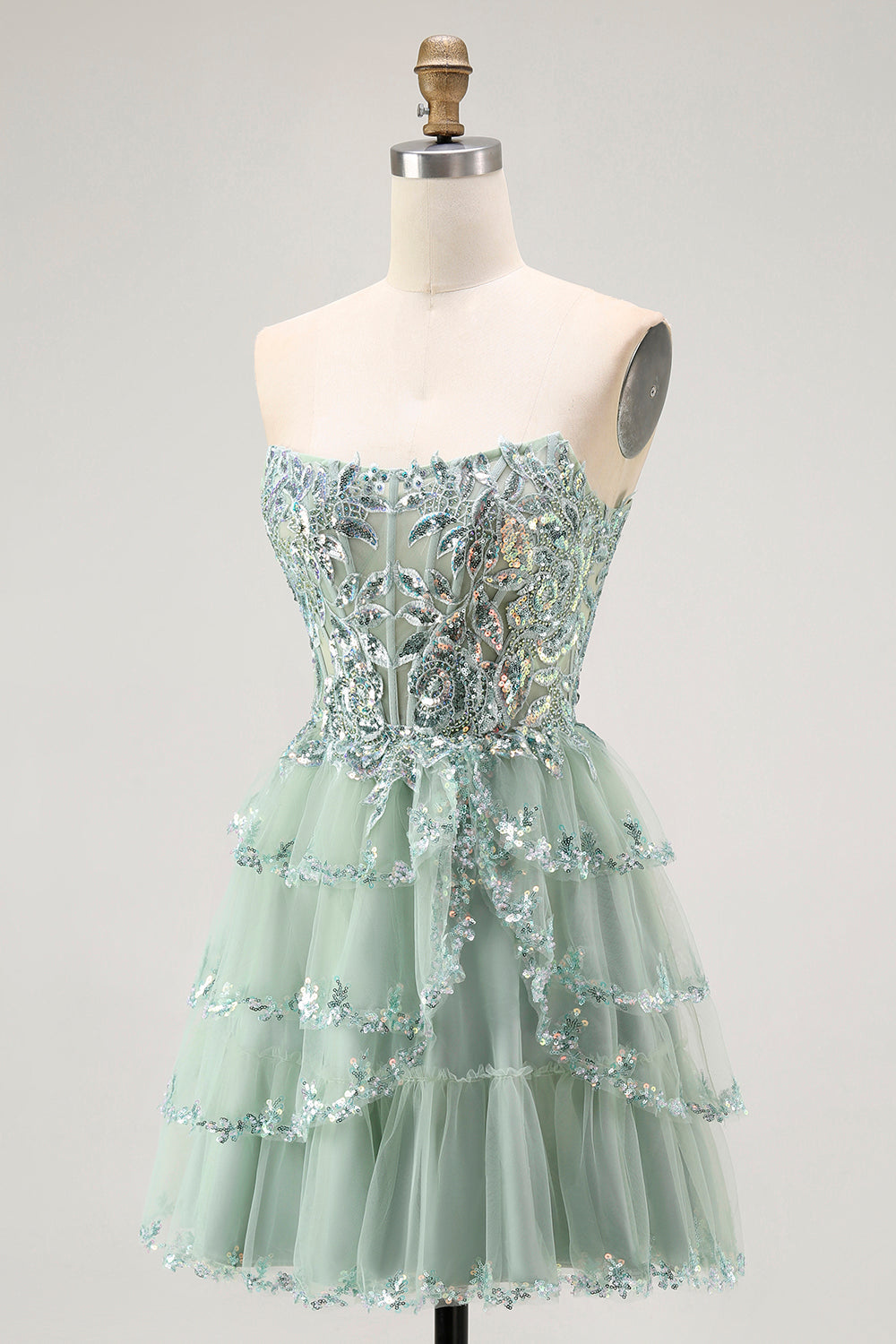 Dusty Sage Strapless Tiered A Line Short Prom Dress