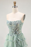 Dusty Sage Strapless Tiered A Line Short Prom Dress