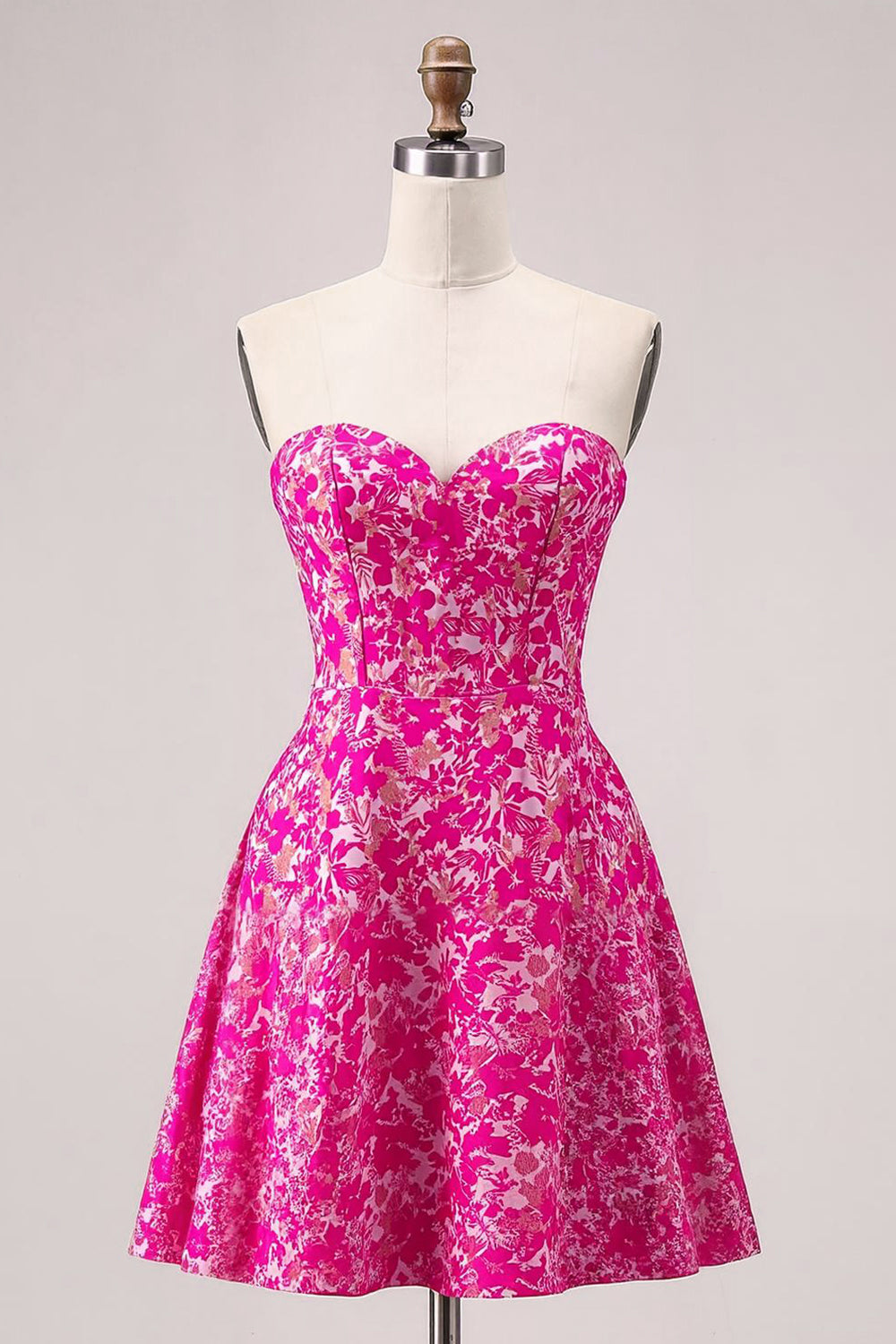 Fuchsia Floral Strapless A Line Mini Cocktail Dress