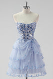 Larvender Strapless Tiered A Line Short Prom Dress
