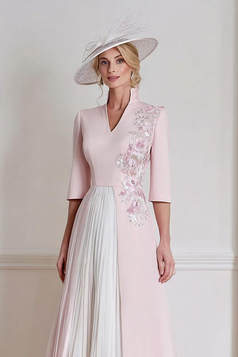 Candy Pink A Line Satin V Neck Pleated Mother of the Bride Dress