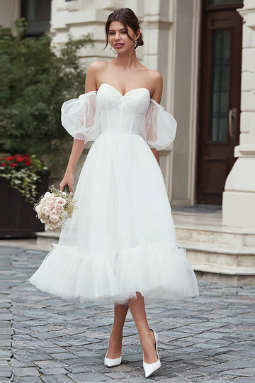 Sweetheart Neck A-Line Ivory Midi Tulle Engagement Dress