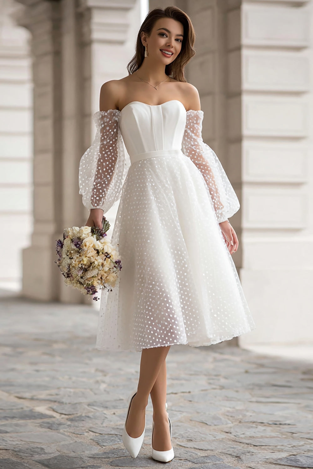 Ivory Off the Shoulder A-Line Polka Dots Engagement Dress