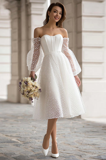 Ivory Off the Shoulder A-Line Polka Dots Engagement Dress