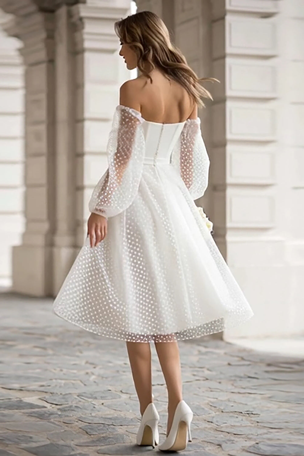 Ivory Off the Shoulder A-Line Polka Dots Engagement Dress