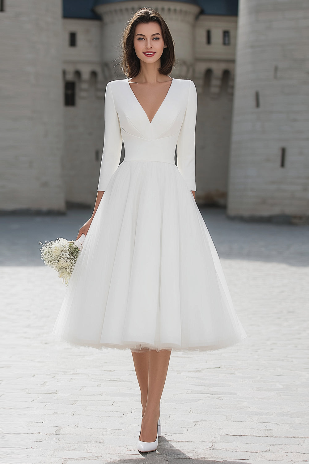 A-Line Ivory V-Neck Midi Engagement Dress