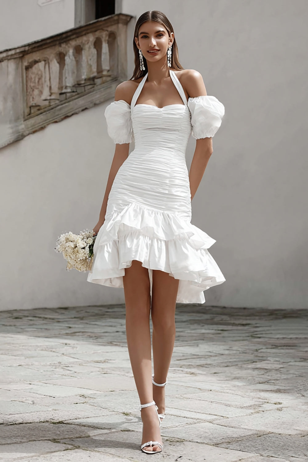 Ivory Halter Bodycon Mini Tiered Engagement Dress with Ruffles