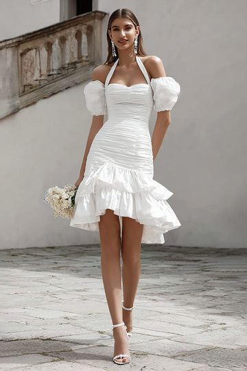 Ivory Halter Bodycon Mini Tiered Engagement Dress with Ruffles