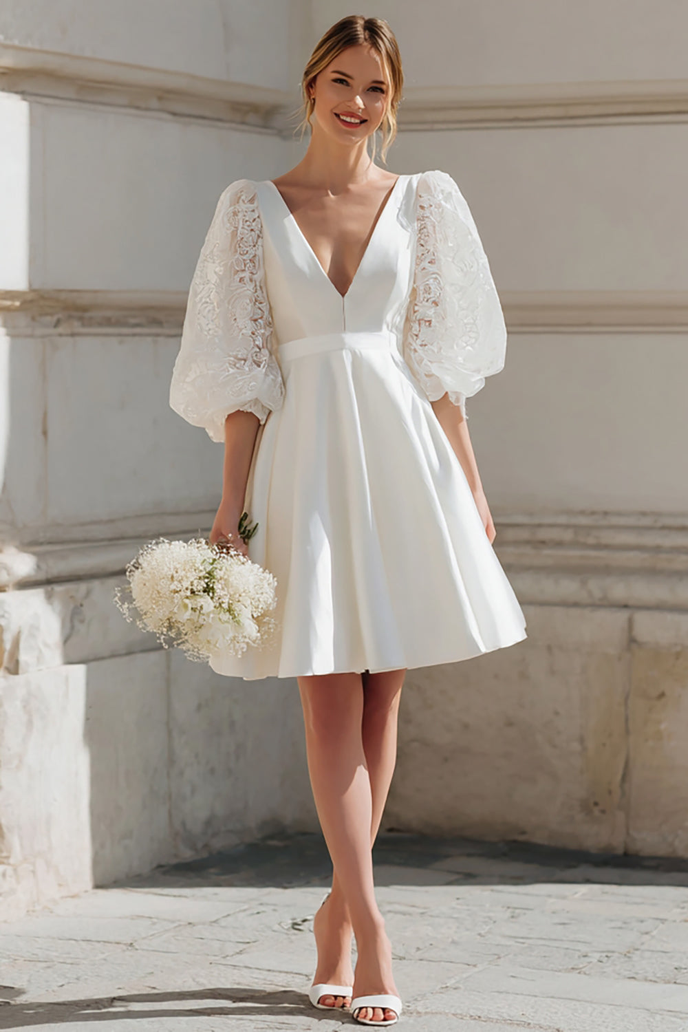 A-Line V-Neck Ivory Mini Engagement Dress with Appliques